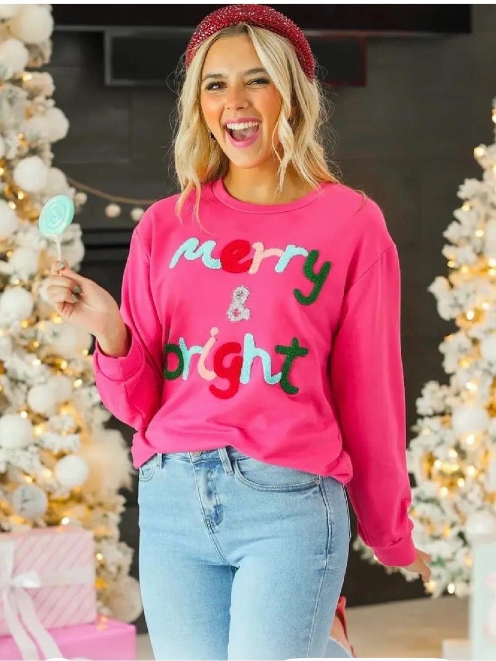 Hot Pink 'Merry & Bright' Long-Sleeve Sweatshirt ptp 20 length 26